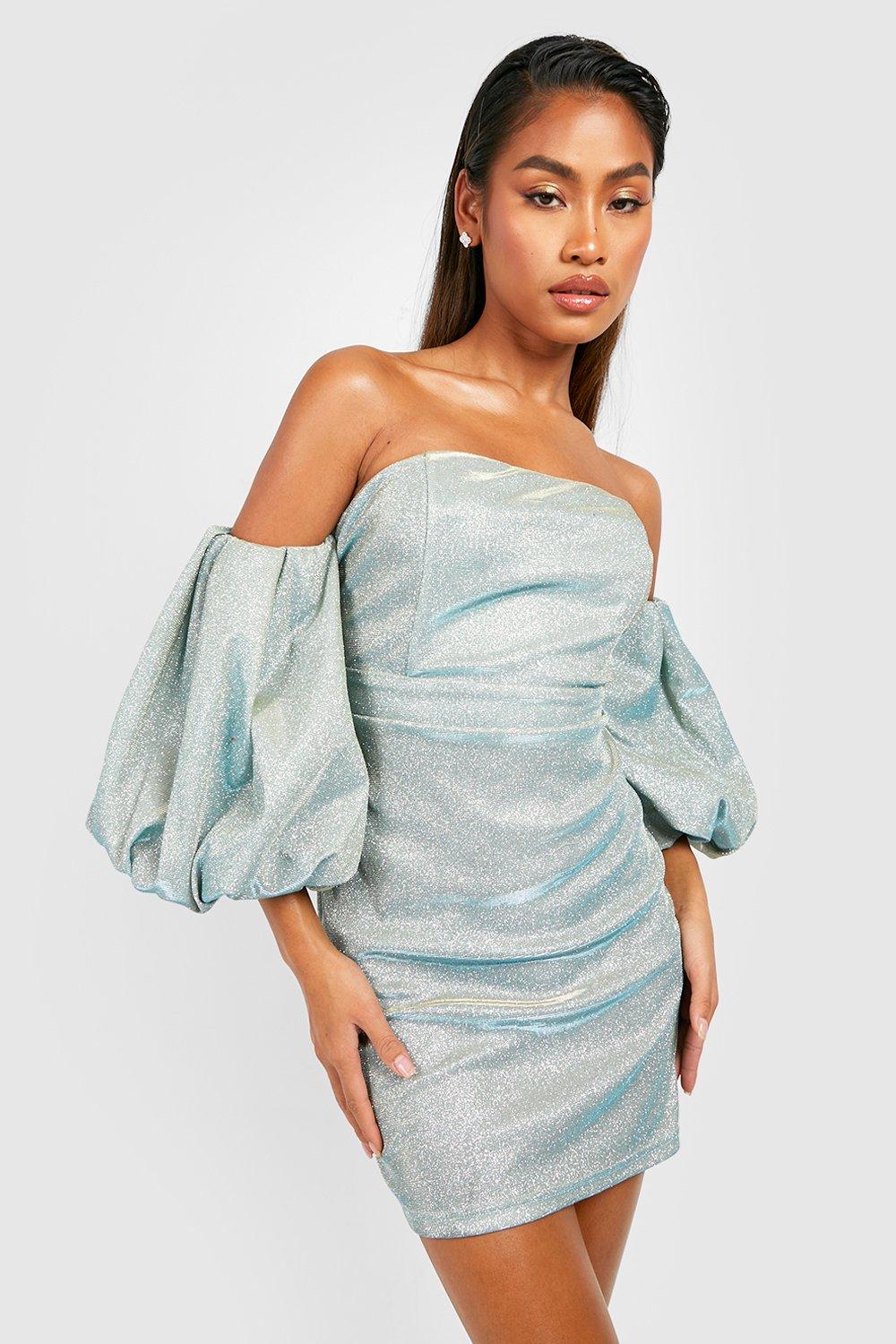 Glitter Puff Sleeve Off The Shoulder Party Dress